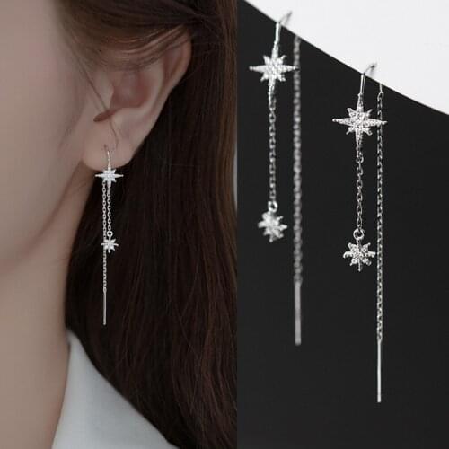 Real 925 Sterling Silver Star Threader Earrings Delicate Long Stars Tassel Earrings Pull Through Threader Earrings for Women