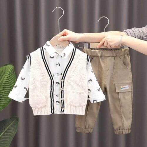 2021 spring new fashion temperament boys' sweater cardigan three piece baby solid color cartoon printed shirt long sleeve suit