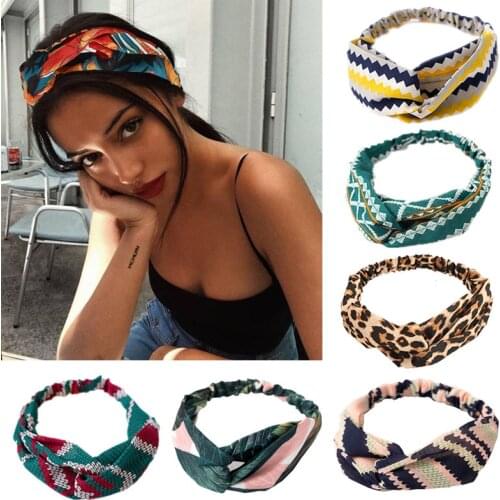 Vintage Bohemian Hairbands Print Headbands For Women Cross Knot Turban Bandage Bandanas Elastic Hair Rope Hair Accessories