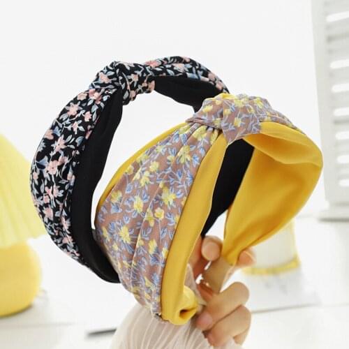 Flower Color Matching Knotted Womens Headband Korea Fresh Yellow and Black Wide-brimmed Fashion Outing All-match Headband