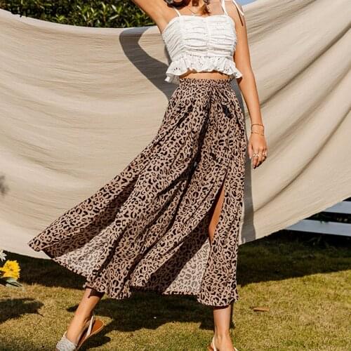 GypsyLady Leopard Print Wide Leg Pants Summer Boho Casual Chic Long Pants Women Tie Up Elastic Waist Split Sexy Female Pants