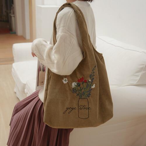 Ladies Corduroy Shoulder Bag Flowers Embroidery Female Literary Cloth Handbag Casual Tote Eco Simple Shopping Bags For Girls