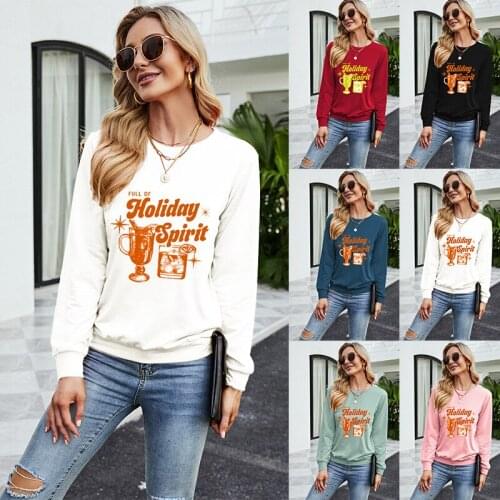 Autumn and winter new long sleeve Christmas wine cup printed round neck T-shirt clothing women y2k aesthetic graphic tees