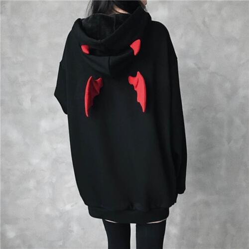 Letter Hooded Hoodies Sweatshirt Devil Wing Gothic Hoodies Women Oversized Streetwear Stranger Things Harajuku Long Pullover