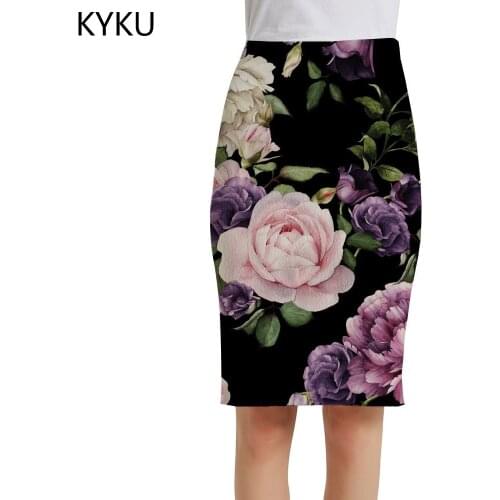 KYKU Brand Flower Skirts Women Painting Sexy Art Elegant Peony Flower 3d Skirt Ladies Skirts Womens Vintage Cool Fashion New