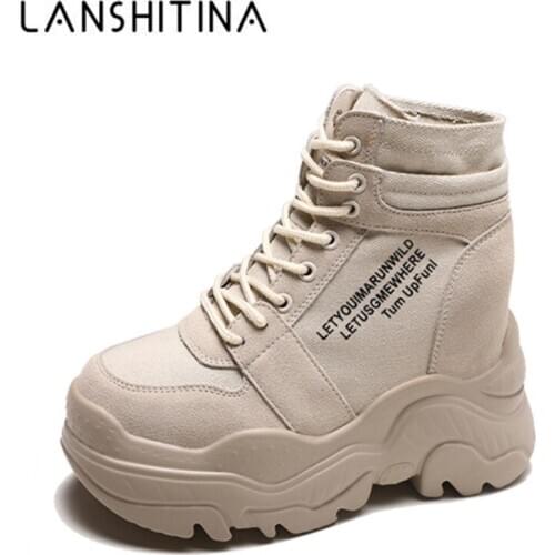 2020 New Autumn Boots Women High Platform Sneakers 12CM Height Increasing Ankle Boots Thick Sole Breathable Canvas Shoes Woman