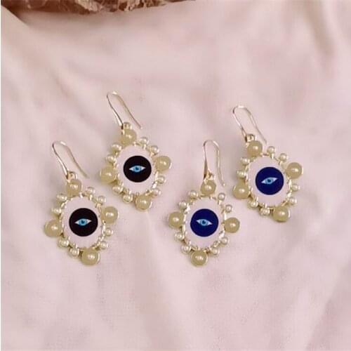 2021 Europe And America New Trendy Black Blue Eye Pearl Geometric Rhombus Drop Earrings For Women Fashion Earings Wholesale