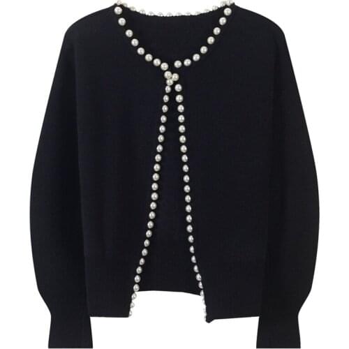 2020 Women Winter Sweater and Cardigans Pearl Beading Knit Ponchoes Oneck Puff Sleeve Elegant Formal Pearl Cardigans