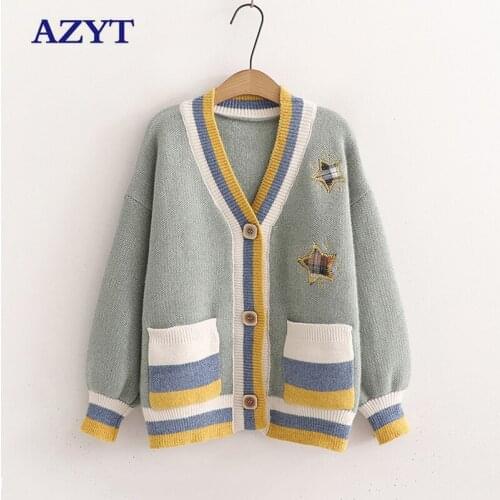AZYT Autumn Winter Knitted Cardigan Women Sweater 2021 Korean Fashion Stars Embroidery Cardigan Female Jacket V Neck Pull Femme