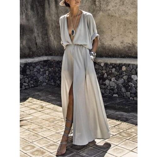 White Dress Women Sexy Maxi Dress Deep V-Neck Short Sleeve Casual Loose Pockets Vintage High Split Boho Beach Dress Robe Satin