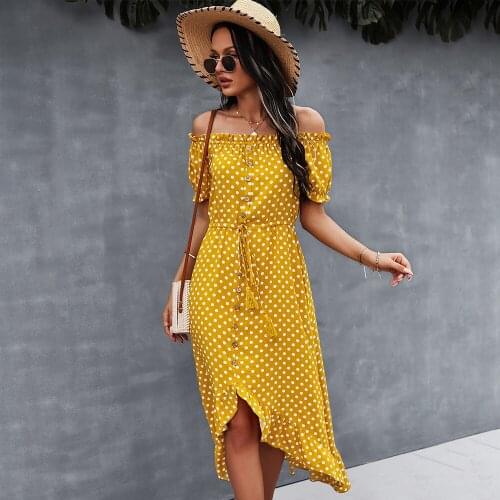 Womens Large One-shoulder Bohemian Sexy Dress for Spring and Summer 2022 Simple Mid-length Classic Beach Polka Dot Skirt