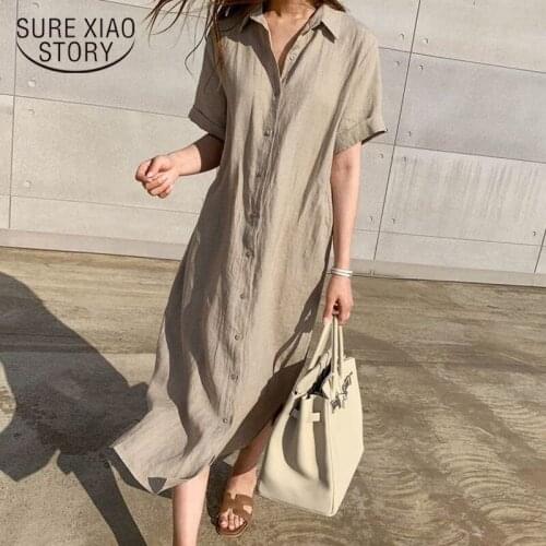 Simple Casual Loose Lapel Women Shirt Dress 2020 Spring Summer Single-Breasted Lace-Up Short Sleeve Female Dress Robe Femme 9948
