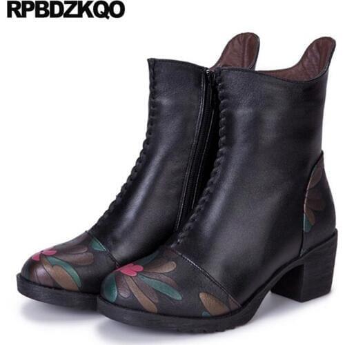 Floral Print Winter Chunky Round Toe Booties Flower Printed Women Ankle Boots Medium Heel Shoes Thick Vintage Black Platform Fur