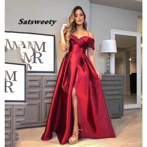 2021 Satin Dresses Evening Sexy High Split Backless Off The Shoulder Long Prom Gowns Graduation Dress