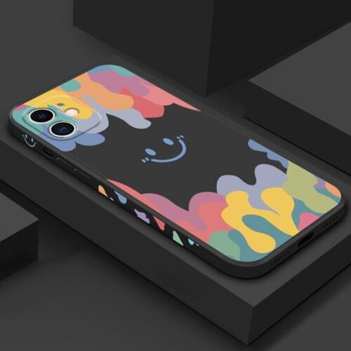 Watercolor Cute Smiley Face Phone Case For iphone 12 11 Pro X XS MAX XR 7 8 6 6S Plus SE2 Square broadside Soft Cover Case Coque