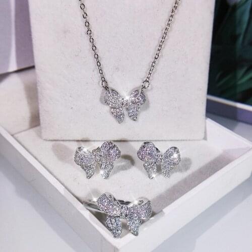 White Zircon Bowknot Crystal Necklace Ring Earrings Female Cute Small Butterfly Jewelry Sets For Women Luxury Bridal Wedding Set