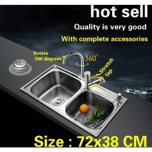 Free shipping 304 stainless steel double groove kitchen sink wiredrawing xiancai basins 72x38 CM