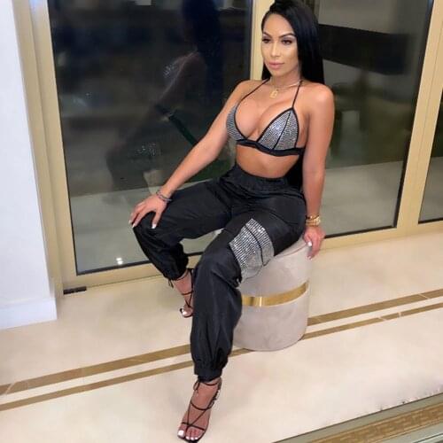 Sparkly Rhinestone Diamond Club Party Two Piece Set Women Matching Sets Fall Winter Bra Crop Top and Pants Suit Chandals Mujer