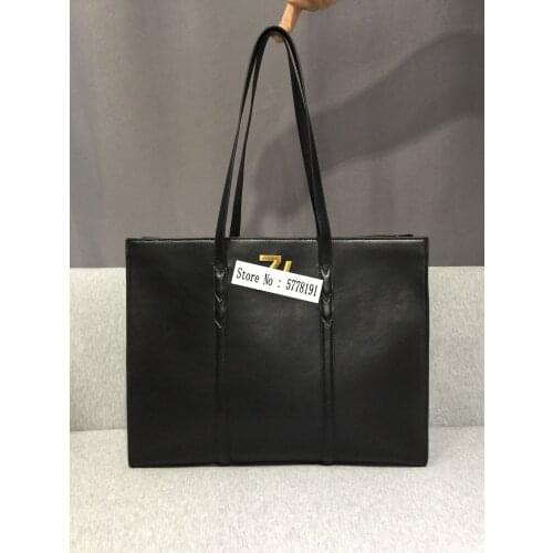 BIG Shoulder Bags Black Genuine Leather Large TOTE BAG with Metal Letters women bags