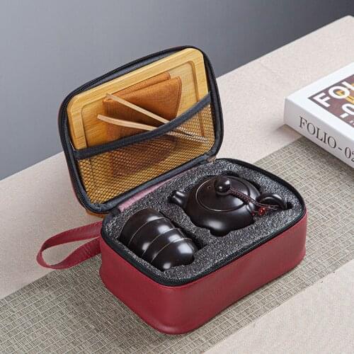 Travel tea set, portable bag, stoneware Kungfu tea art, one pot, three cups, Japanese style fast guest cup, glass custom logo