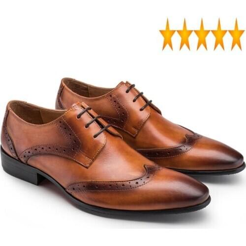 Men Wing Tip Brogue Fashion Lace Up Pointed Toe Genuine Leather Male Footwear Business Work Formal Shoes Solid