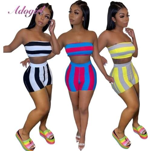 Women Summer Activewear Two Piece Set Causal Stripe Print Strapless Crop Tank Top Bikes Shorts Suit Outfit Sportwear Tracksuit