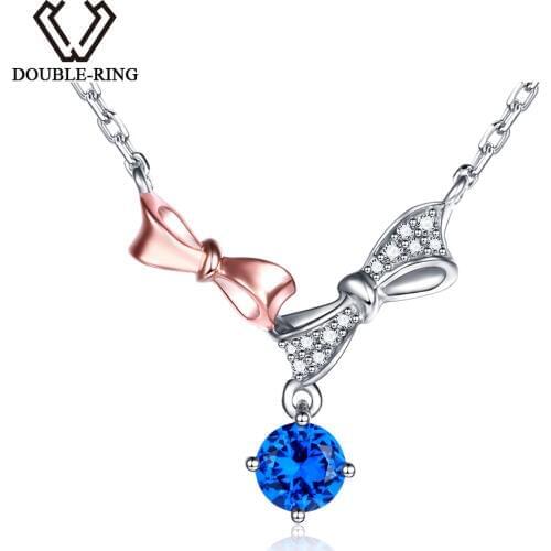 DOUBLE-R Bowknot Real 925 Sterling Silver Created Sapphire Necklaces Pendants Fine Wedding Jewelry for women