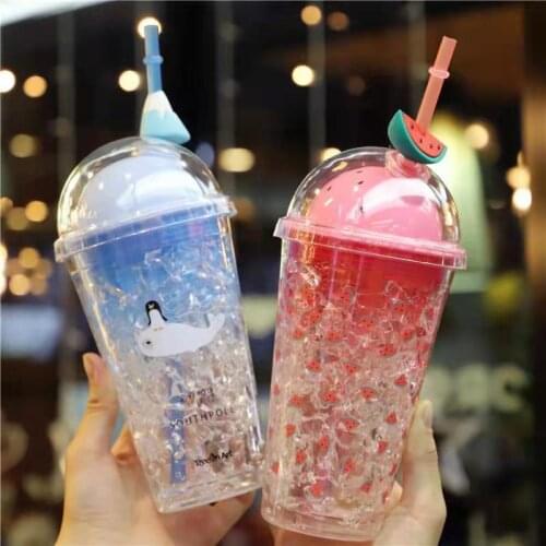 450ML Double Layer Cooling Straw Cup Ice Water Cup In Summer Ins Wind Ice Cup Creative Cute Water Bottle Cup With Straw