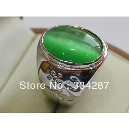 Beautiful Green Double-heart shape jadeite Cats eye Opal stone Gift Jewelry Ring 13X18MM Bead 18KGP