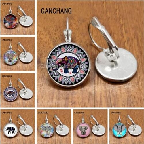 Round glass convex round elephant and flower pattern glass handmade earrings, ladies fashion jewelry