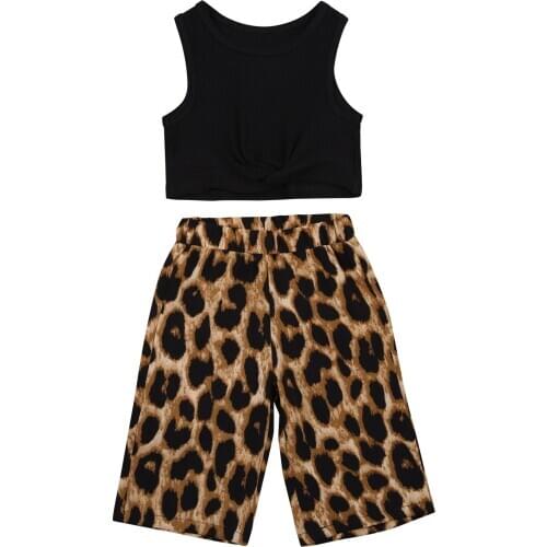 Citgeett Summer 2Pcs Kids Baby Girls Solid Color Sleeveless Tops + Leopard Print Short Pants Suit Clothes Set 2-7Years