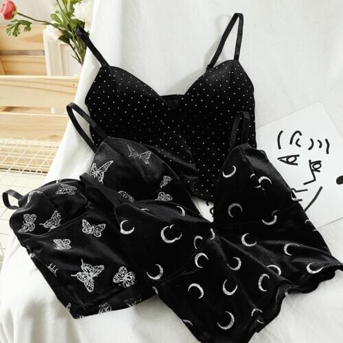 New Summer Velvet Harajuku Black Moon Printing Camis Top Streetwear Fashion Sexy Dew Navel Adjustable Sling Kawaii Cool Girl