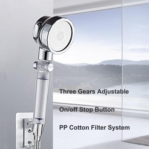 Bathroom 3 Modes Multi-function High Pressure Saving Water PP Cotton Filter Shower Head with Stop Button Function Silicone Brush
