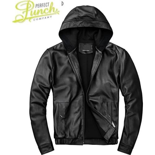 Genuine Real Leather Jacket Men Hooded 100% Sheepskin Coat Short Spring Autumn Plus Size Mens Leather Jackets KJ2206