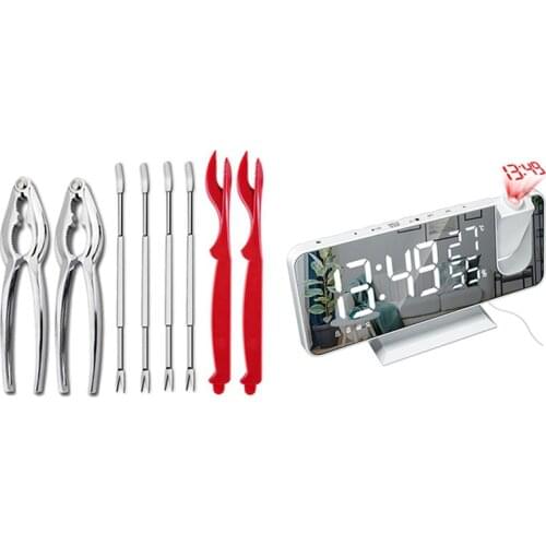 8Pcs Seafood Tools Set 2 Crab Clip 2 Pick 4 forks with Projection Alarm Clock with FM Radio, Temperature Monitor