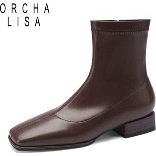 ORCHALISA 2021 New Designer Brand Ankle Boots for Women Stretchy Sock Bootie Zip Flat Square Low Heel Black Brown 31-43 S2437