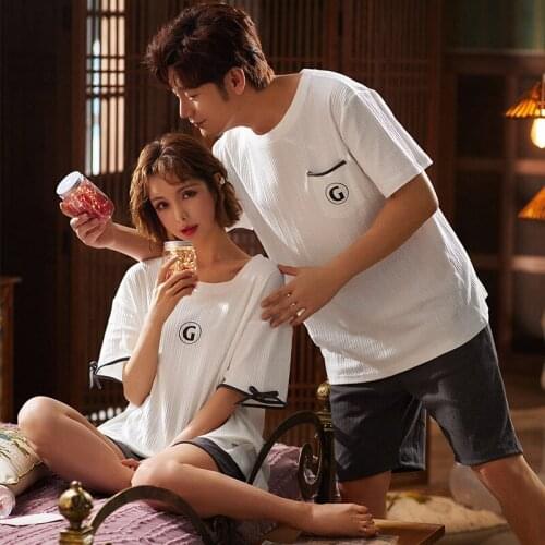 New Couples Pajamas Summer Cotton Short-Sleeved Suit Korean-Style White Mens and Womens Summer Leisure Tops Factory Outlets