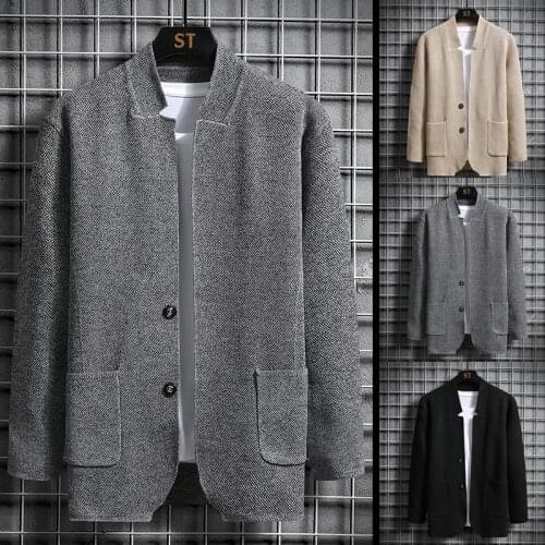 New Winter Mens Long Sleeve Sweater Solid Color Cardigan Button Knitted Sweater Jacket Trendy Warm Jacket Knitted Cardigan