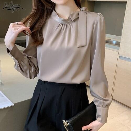 Autumn Coffee Satin Blouse Female Streamer Temperament Long-sleeve T-shirt Shirt Lady Elegant Casual Woman Clothes Blusas 16427