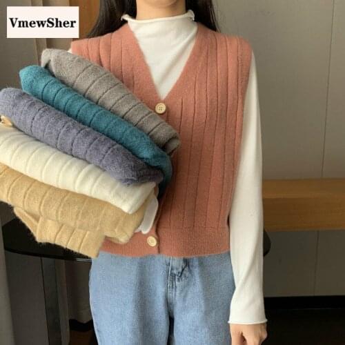 VmewSher Women Sleeveless Pullover 2021 Cute Single Breasted Cardigan V Neck Knitted Sweater Vest Knitwear Women Waistcoat Tops