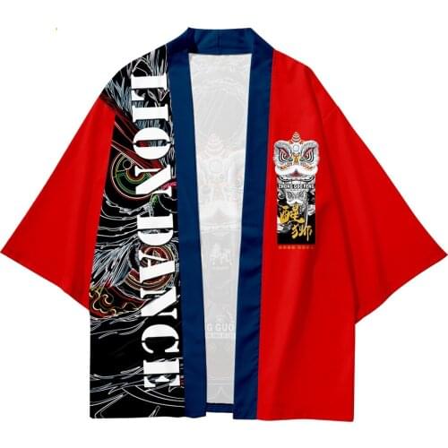 Loose 4XL 5XL 6XL Red Fashion Chinese Lion Japanese Kimono Sets Beach Harajuku Men Women Cardigan Haori Asian Clothes Pant Suit