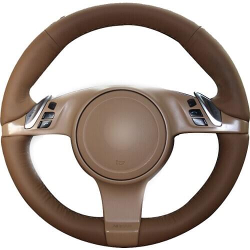Dark Brown Natural Leather Car Steering Wheel Cover for Porsche Cayenne Panamera 2010 2011
