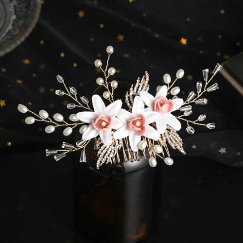 Temperament Handmade Crystal Hair Comb White Flowers Faux Pearl Decorative Bride Wedding Dress Elegant Hair Jewelry LB