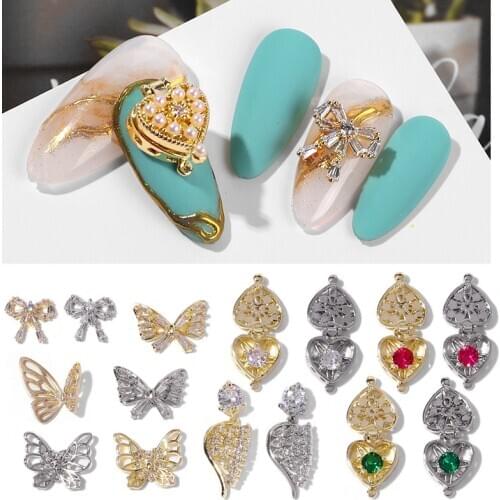 Gold Silver Zircon Crystal Nail Art Decorations Retro Diamonds Box Angel Bow Butterfly Wing Charm Pearl Manicure Accessories