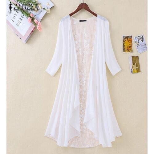 Summer Elegant Long Shirt Lace Crochet Cardigan ZANZEA Women Open Front 3/4 Sleeve Hollow Kimono Casual Blouse Femme Tunic Tops