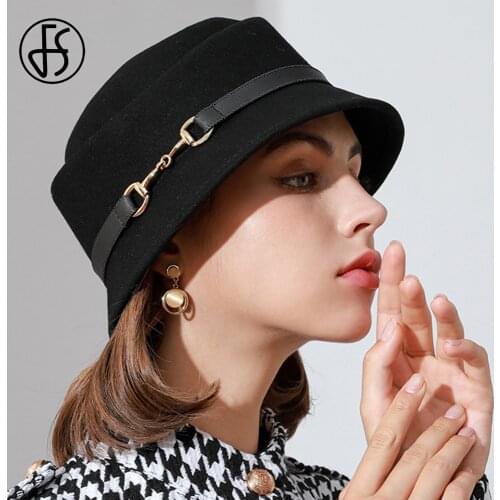 FS 100% Australian Wool Felt Dome Fedora Hats For Women Winter Church Cloche Derby Hat Fedoras Bowler Cap With Belt Metal Buckle