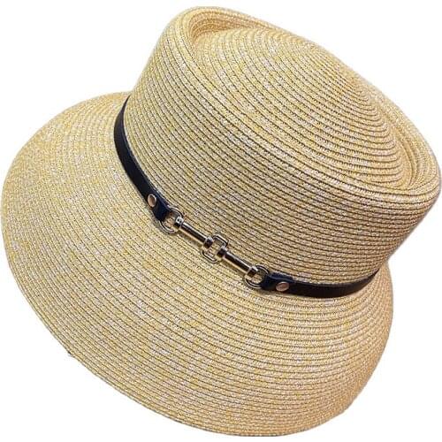 2021 New Solid Color Belt Buckle Straw Hats Breathable Unisex Wide Brim Visor Hat Women Chapeu Straw Jazz Hats Summer Beach Cap