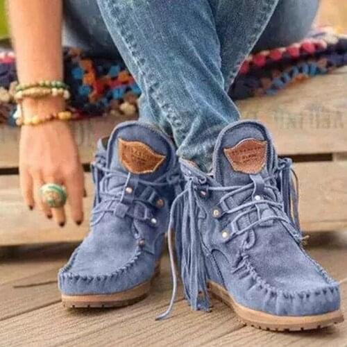 2021 Nice Bohemian Boots Women Ethnic Tassel Fringe Faux Suede Leather Mid Half Winter Boots Woman Square Heel Shoe Booties