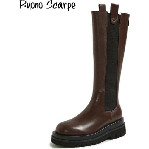 Platform Women Long Boots Genuine Leather Casual Zipper Boots Chunky Heel Knee High Botas Mujer Designer Ladies Chaussure Femme