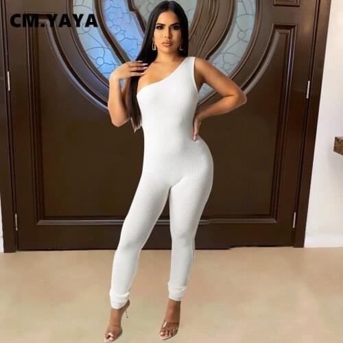 CM.YAYA Women Jumpsuit Solid Hollow Out Bodycon Pencil One Piece Overalls Sexy One Shoulder Rompers Fashion Outfits Summer 2021